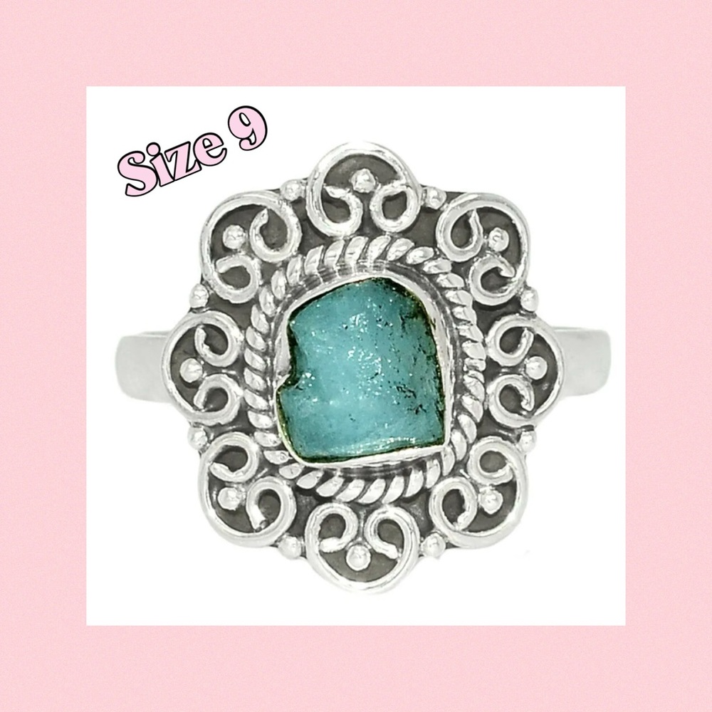 Rough Aquamarine Sterling Silver Ring Size 9